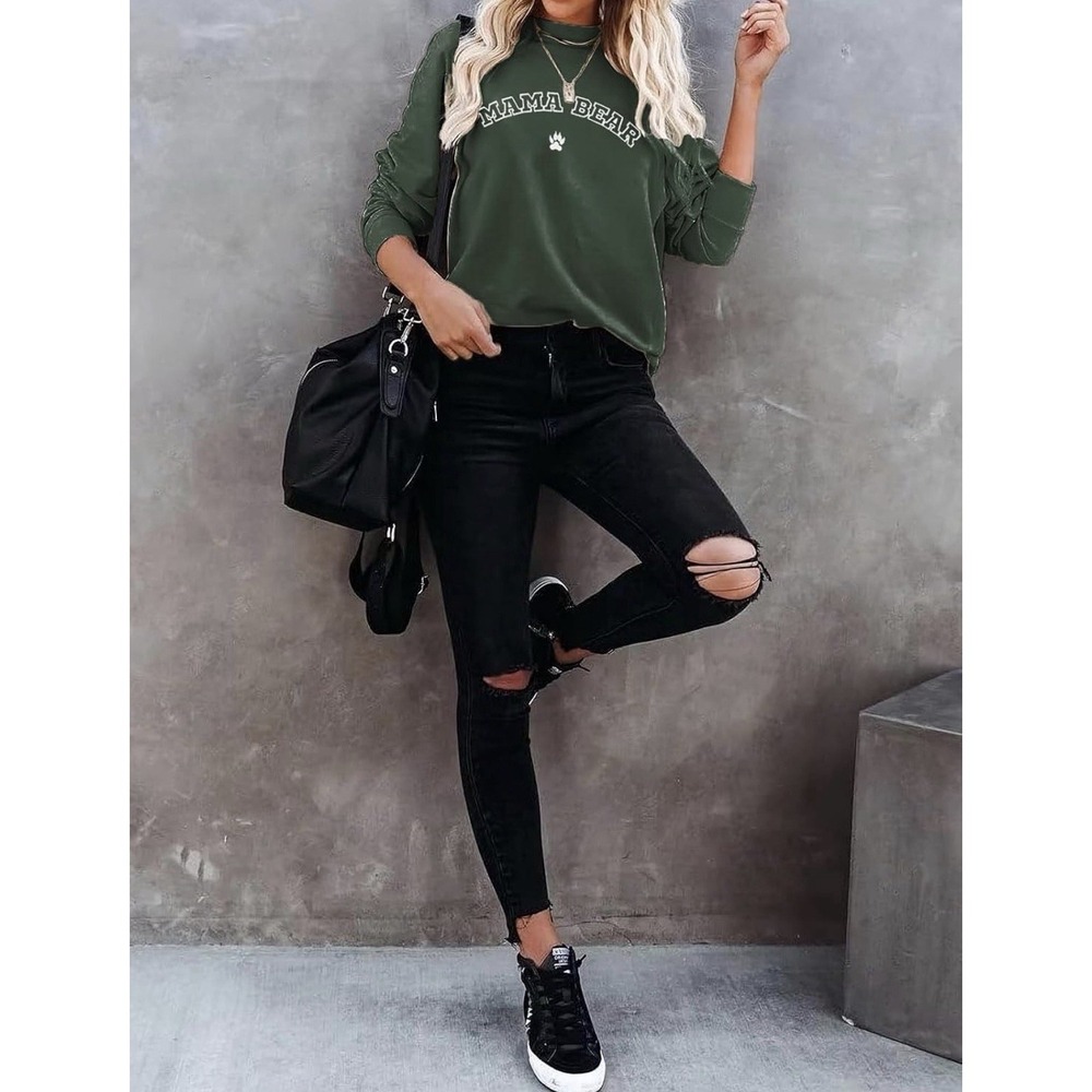 J0176-Mama Bear Sweatshirt Hunter Green Raglan Sleeve Graphic Pullover Small - Picture 4 of 6